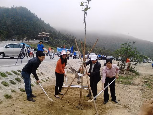 Các đoàn viên thanh niên tham gia trồng cây sau lễ phát động.