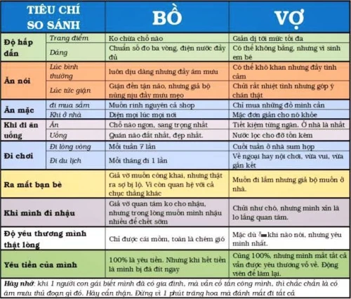 Tranh cãi bảng so sánh sự khác biệt giữa vợ và bồ