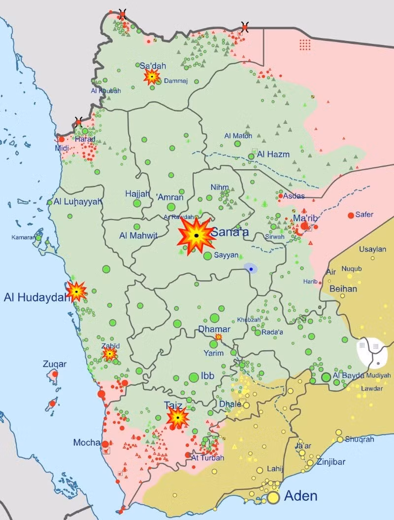 Bản đồ các mục tiêu liên quân Anh - Mỹ không kích ở Yemen ngày 12/1.