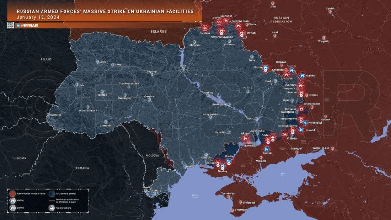 Bản đồ chiến sự Ukraine ngày 12/1. (Ảnh: Rybar)