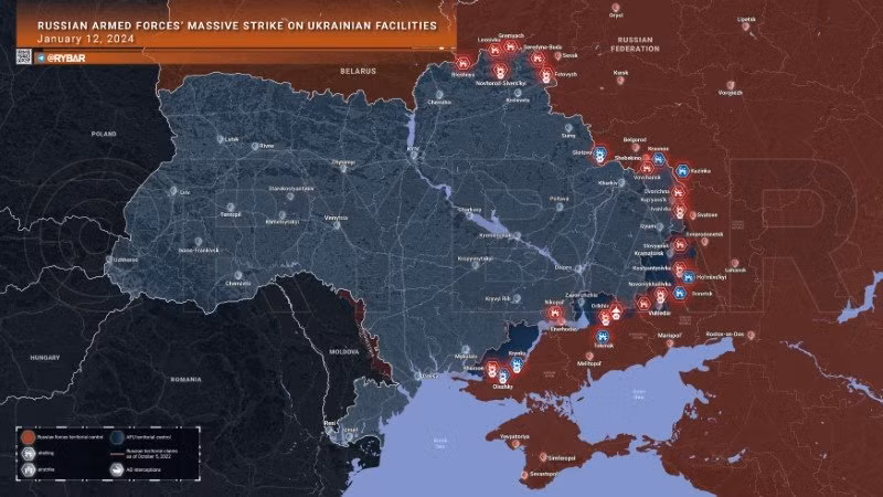 Bản đồ chiến sự Ukraine ngày 12/1. (Ảnh: Rybar)