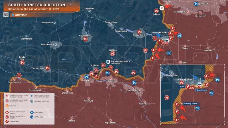 Bản đồ chiến sự Ukraine ngày 12/1 hướng nam Donestk. (Ảnh: Rybar)