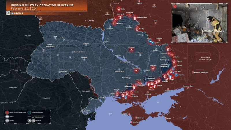Bản đồ chiến sự Ukraine ngày 22/2. (Ảnh: Rybar) Bản đồ chiến sự Ukraine ngày 22/2. (Ảnh: Rybar)