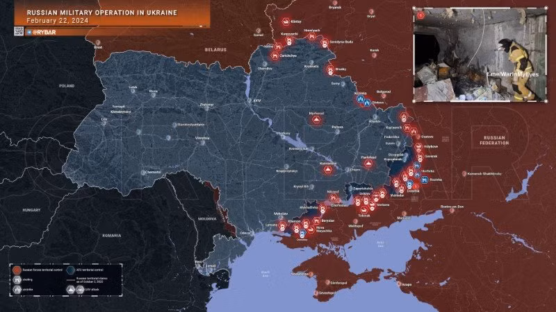 Bản đồ chiến sự Ukraine ngày 22/2. (Ảnh: Rybar)