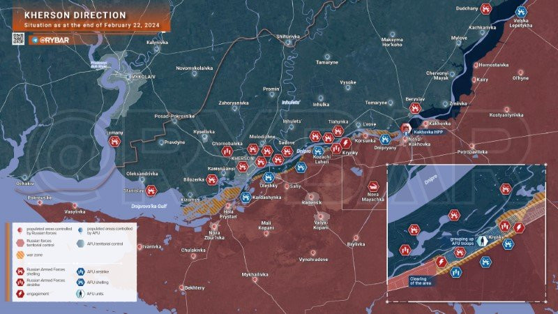 Bản đồ chiến sự Ukraine ngày 22/2, hướng Kherson. (Ảnh: Rybar) Bản đồ chiến sự Ukraine ngày 22/2, hướng Kherson. (Ảnh: Rybar)