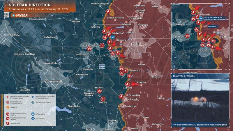 Bản đồ chiến sự Ukraine ngày 22/2, hướng Soledar. (Ảnh: Rybar) Bản đồ chiến sự Ukraine ngày 22/2, hướng Soledar. (Ảnh: Rybar)