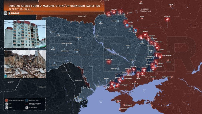 Bản đồ chiến sự Ukraine ngày 16/1. (Ảnh: Rybar) Bản đồ chiến sự Ukraine ngày 16/1. (Ảnh: Rybar)