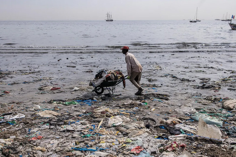 Cứ vài trăm mét lại có một đường ống nước thải thải ra biển, khiến nước ở cuối đường ống đỏ như máu và đen tuyền do ngành công nghiệp hóa chất và xưởng thuộc da địa phương gây ra. Cứ vài trăm mét lại có một đường ống nước thải thải ra biển, khiến nước ở cuối đường ống đỏ như máu và đen tuyền do ngành công nghiệp hóa chất và xưởng thuộc da địa phương gây ra.