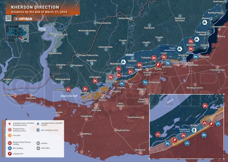 Bản đồ chiến sự Ukraine ngày 31/3, hướng Kherson. (Ảnh: Rybar) Bản đồ chiến sự Ukraine ngày 31/3, hướng Kherson. (Ảnh: Rybar)