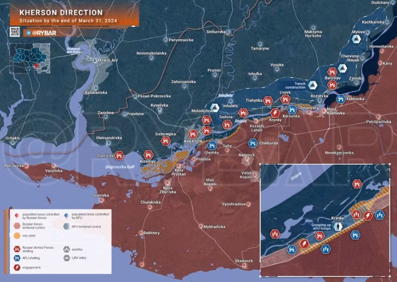 Bản đồ chiến sự Ukraine ngày 31/3, hướng Kherson. (Ảnh: Rybar)