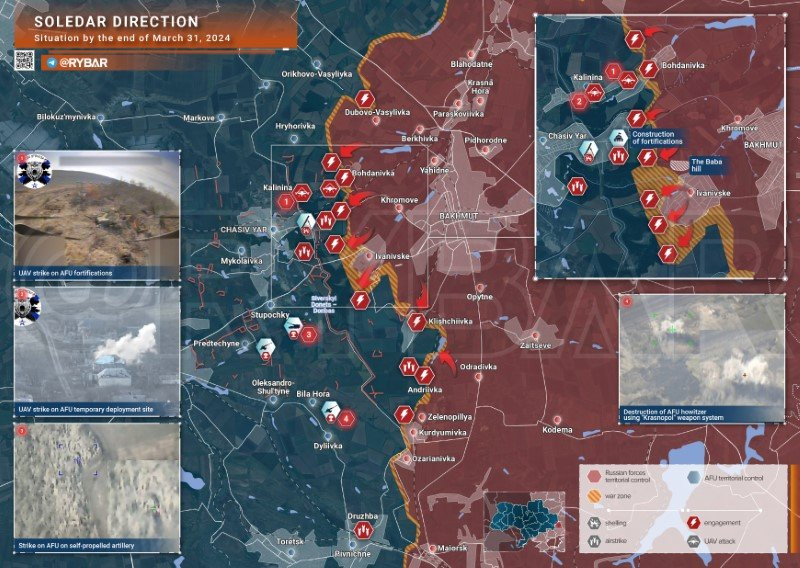 Bản đồ chiến sự Ukraine ngày 31/3, hướng Soledar. (Ảnh: Rybar) Bản đồ chiến sự Ukraine ngày 31/3, hướng Soledar. (Ảnh: Rybar)