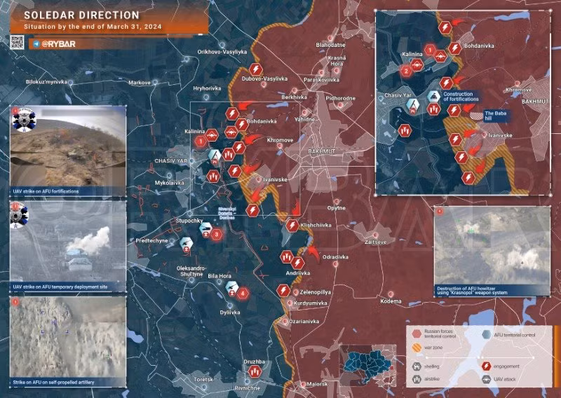 Bản đồ chiến sự Ukraine ngày 31/3, hướng Soledar. (Ảnh: Rybar)