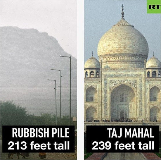 So sánh độ cao của bãi rác Ghazipur và đền Taj Mahal.