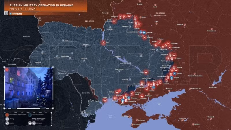 Bản đồ chiến sự Ukraine ngày 11/2. (Ảnh: Rybar) Bản đồ chiến sự Ukraine ngày 11/2. (Ảnh: Rybar)