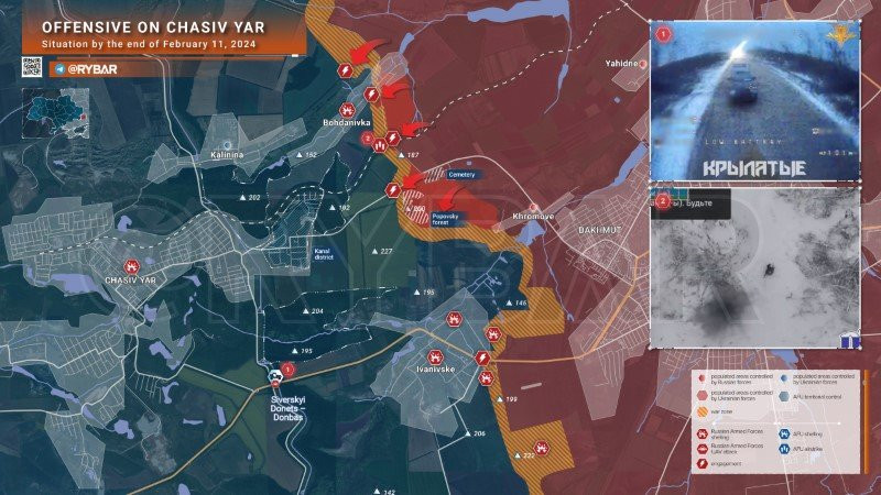 Bản đồ chiến sự Ukraine ngày 11/2, khu vực Chasiv Yar. (Ảnh: Rybar)