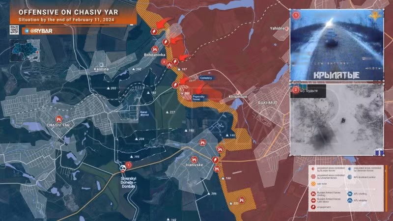 Bản đồ chiến sự Ukraine ngày 11/2, khu vực Chasiv Yar. (Ảnh: Rybar) Bản đồ chiến sự Ukraine ngày 11/2, khu vực Chasiv Yar. (Ảnh: Rybar)