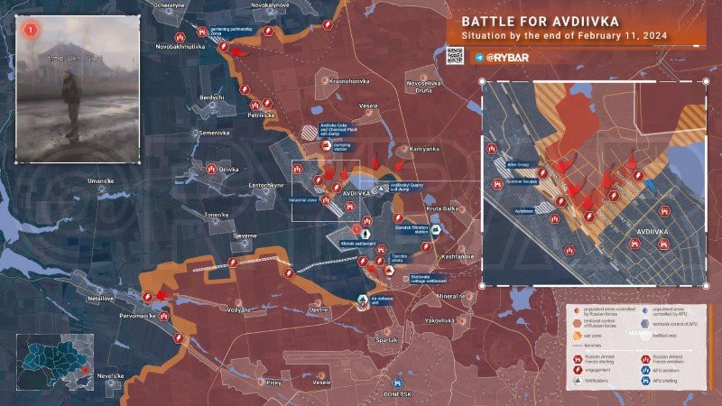 Bản đồ chiến sự Ukraine ngày 11/2, khu vực Avdeevka. (Ảnh: Rybar)