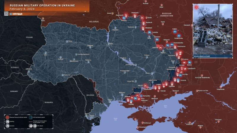 Bản đồ chiến sự Ukraine ngày 6/2. (Ảnh: Rybar)