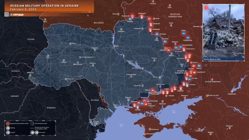 Bản đồ chiến sự Ukraine ngày 6/2. (Ảnh: Rybar) Bản đồ chiến sự Ukraine ngày 6/2. (Ảnh: Rybar)