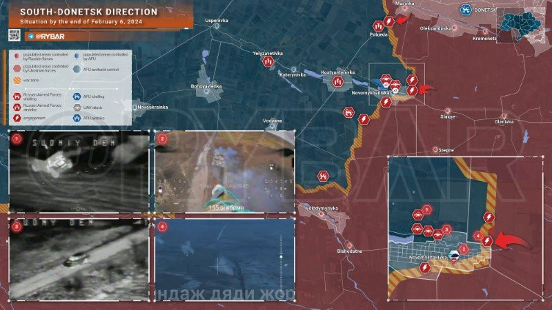 Bản đồ chiến sự Ukraine ngày 6/2, khu vực phía nam Donetsk. (Ảnh: Rybar)