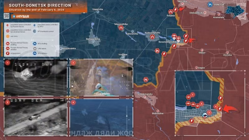 Bản đồ chiến sự Ukraine ngày 6/2, khu vực phía nam Donetsk. (Ảnh: Rybar)