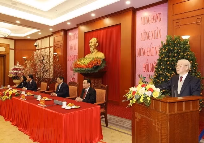 Tổng Bí thư Nguyễn Phú Trọng chúc Tết Nguyên đán Giáp Thìn 2024. (Ảnh: Trí Dũng/TTXVN)