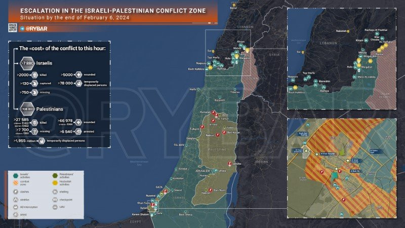 Bản đồ xung đột Israel - Hamas ngày 6/2. (Ảnh: Rybar)