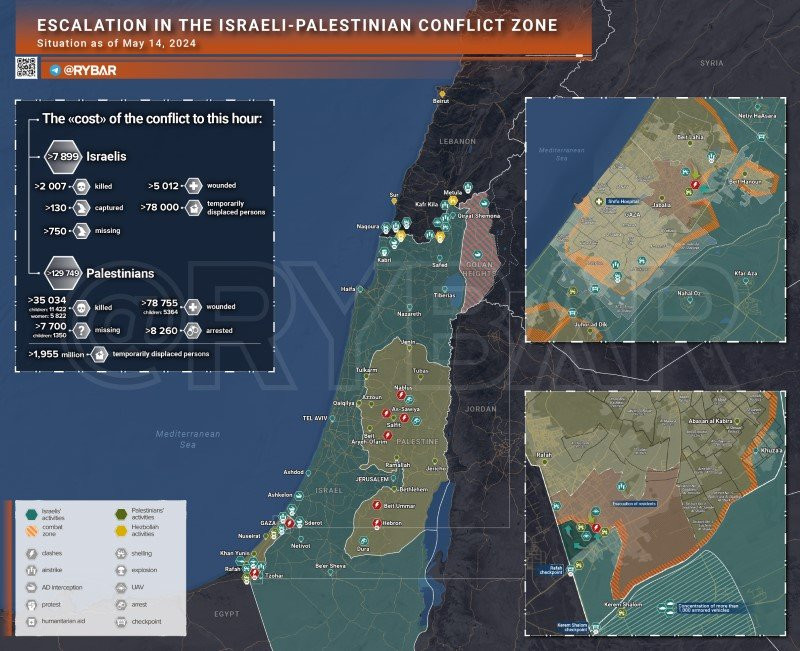 Bản đồ xung đột Israel - Hamas ngày 14/5. (Ảnh: Rybar)