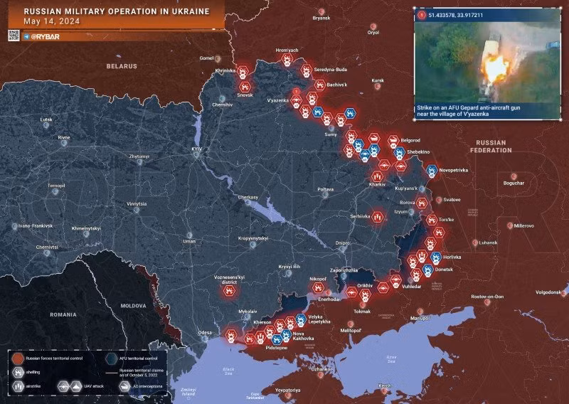 Bản đồ chiến sự Ukraine ngày 14/5. (Ảnh: Rybar)