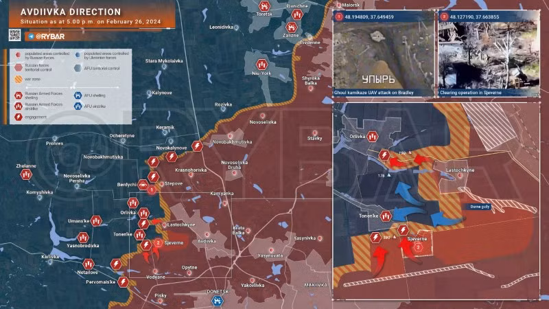 Bản đồ chiến sự Ukraine ngày 26/2, khu vực Avdeevka. (Ảnh: Rybar) Bản đồ chiến sự Ukraine ngày 26/2, khu vực Avdeevka. (Ảnh: Rybar)