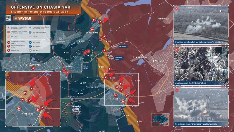Bản đồ chiến sự Ukraine ngày 26/2, khu vực Chasiv Yar. (Ảnh: Rybar) Bản đồ chiến sự Ukraine ngày 26/2, khu vực Chasiv Yar. (Ảnh: Rybar)