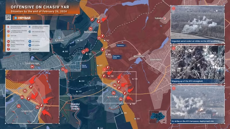 Bản đồ chiến sự Ukraine ngày 26/2, khu vực Chasiv Yar. (Ảnh: Rybar) Bản đồ chiến sự Ukraine ngày 26/2, khu vực Chasiv Yar. (Ảnh: Rybar)