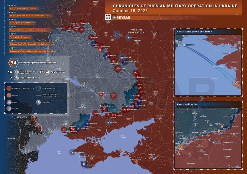Bản đồ chiến sự Ukraine ngày 18/10. (Ảnh: Rybar). Bản đồ chiến sự Ukraine ngày 18/10. (Ảnh: Rybar).