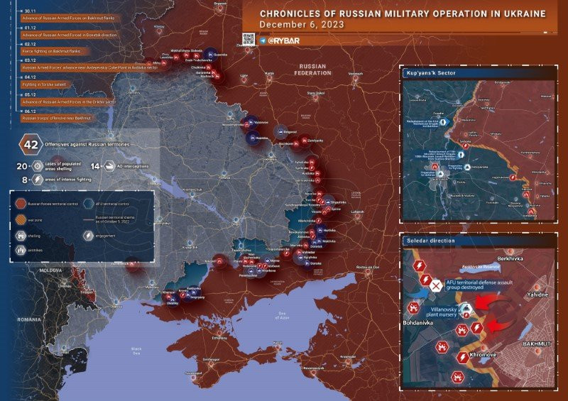 Bản đồ chiến sự Ukraine ngày 6/12. (Ảnh: Rybar).