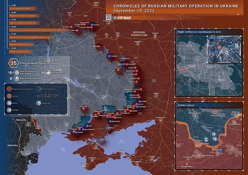 Bản đồ chiến sự Ukraine ngày 19/9. Ảnh: Rybar. Bản đồ chiến sự Ukraine ngày 19/9. Ảnh: Rybar.