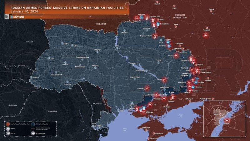 Bản đồ chiến sự Ukraine ngày 10/1. (Ảnh: Rybar)