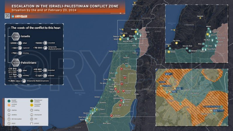 Bản đồ xung đột Israel - Hamas ngày 23/2. (Ảnh: Rybar) Bản đồ xung đột Israel - Hamas ngày 23/2. (Ảnh: Rybar)