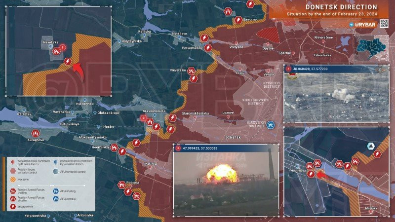 Bản đồ chiến sự Ukraine ngày 23/2, hướng Donestk. (Ảnh: Rybar)