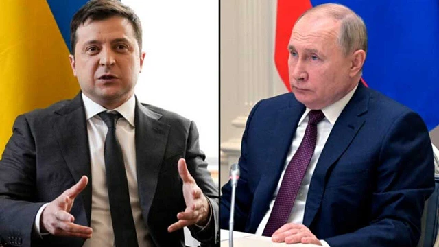 Tổng thống Zelensky và người đồng cấp Nga Putin (phải).