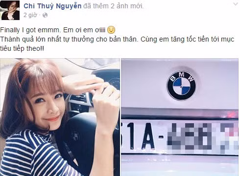 Chi Pu khoe hình ảnh chiếc BMW mới mua trên Facebook cá nhân.