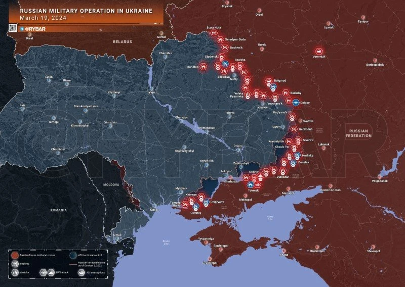 Bản đồ chiến sự Ukraine ngày 19/3. (Ảnh: Rybar)