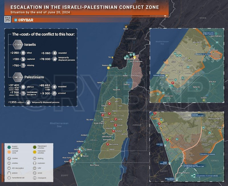 Bản đồ xung đột Israel - Hamas ngày 21/6. (Ảnh: Rybar)