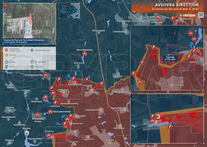 Bản đồ chiến sự Ukraine ngày 9/5, hướng Avdeevka. (Ảnh: Rybar) Bản đồ chiến sự Ukraine ngày 9/5, hướng Avdeevka. (Ảnh: Rybar)