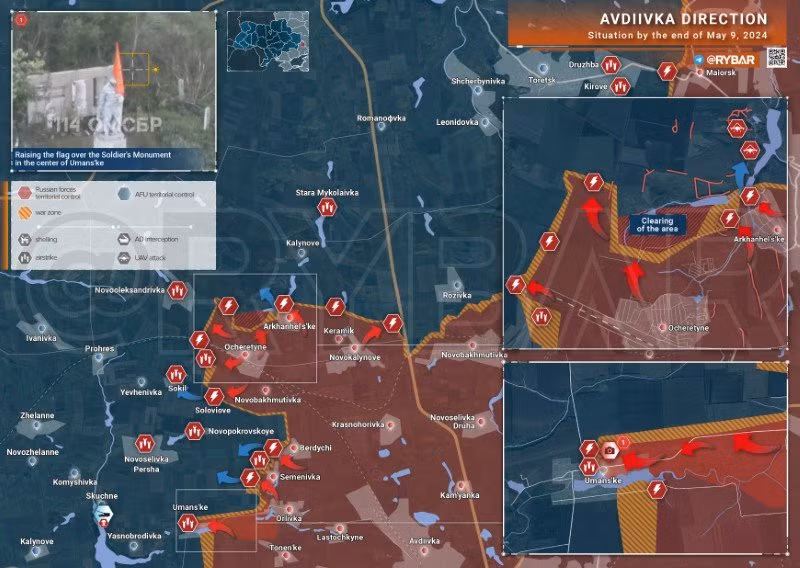 Bản đồ chiến sự Ukraine ngày 9/5, hướng Avdeevka. (Ảnh: Rybar)
