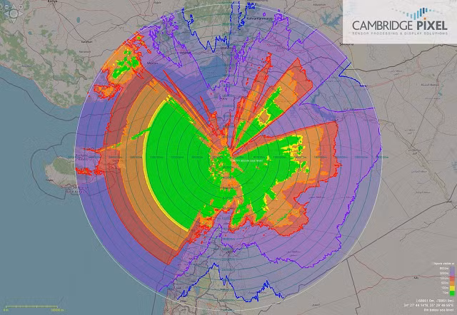 Tầm hoạt động của radar phòng không ở Syria. Màu xanh: 70m, vàng: 100m, cam: 500m, đỏ: 1.000m, tím: 3.000 mét, chàm: 6.000 mét.