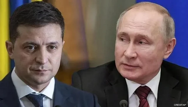 Tổng thống Ukraine Zelensky và người đồng cấp Nga Putin (phải).