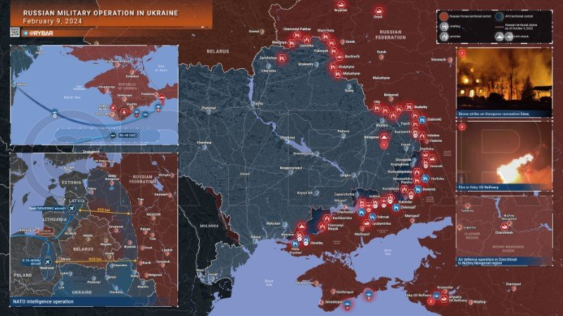 Bản đồ chiến sự Ukraine ngày 9/2. (Ảnh: Rybar)