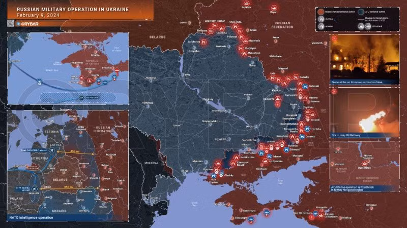 Bản đồ chiến sự Ukraine ngày 9/2. (Ảnh: Rybar)