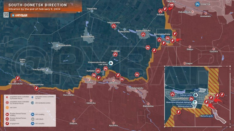 Bản đồ chiến sự Ukraine ngày 9/2, hướng nam Donetsk. (Ảnh: Rybar)