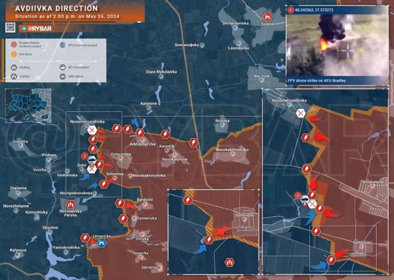 Bản đồ chiến sự Ukraine ngày 26/5, hướng Avdeevka. (Ảnh: Rybar)